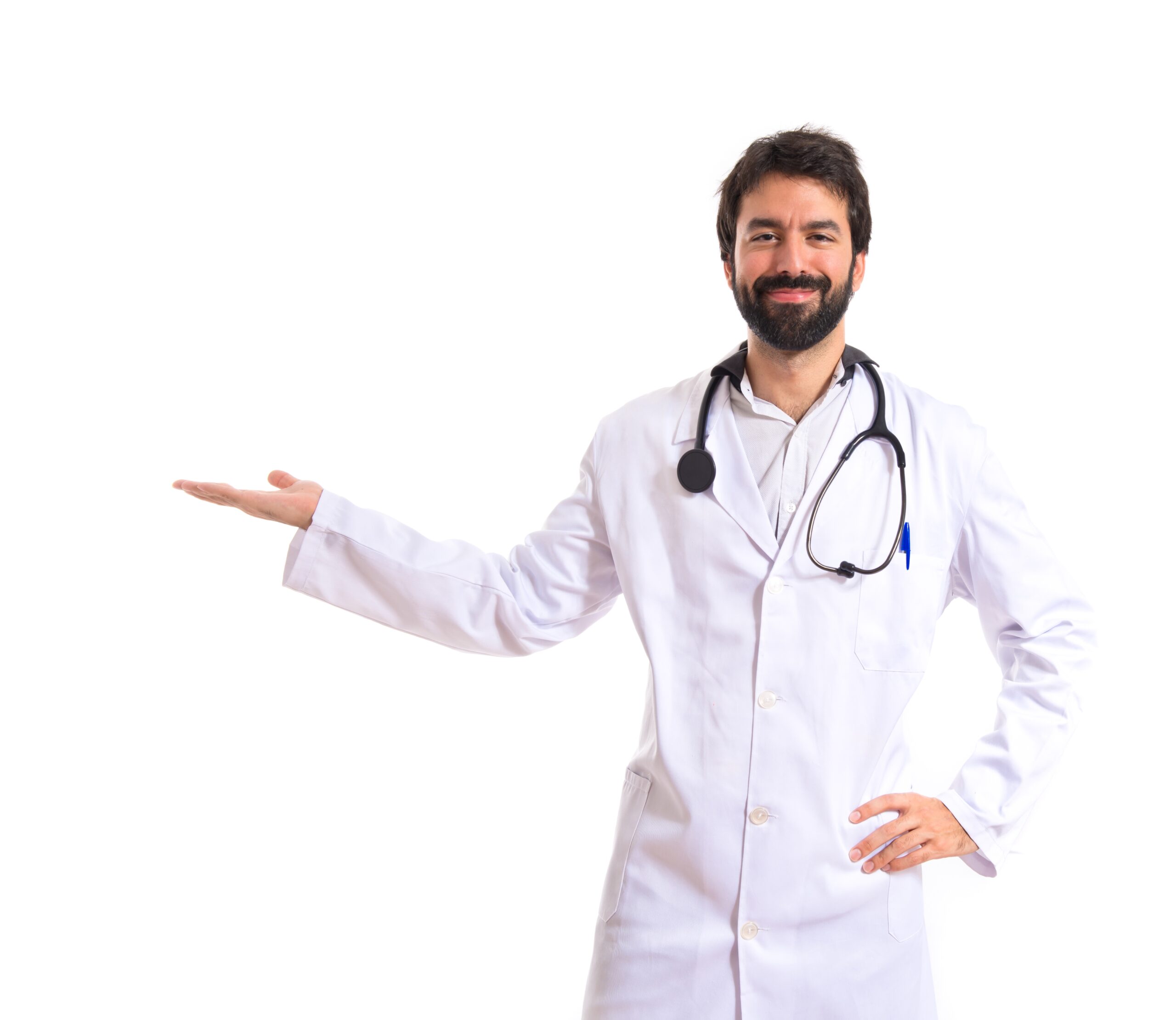 doctor presenting something over isolated white background